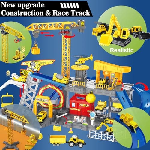 Frontoytall Construction Vehicles Track Set with Excavator, Dump Truck, Cement Truck, Wheel Loader & Rotating Crane, Interactive STEM Building Toy for Kids Ages 3-12 - Thumbnail 2