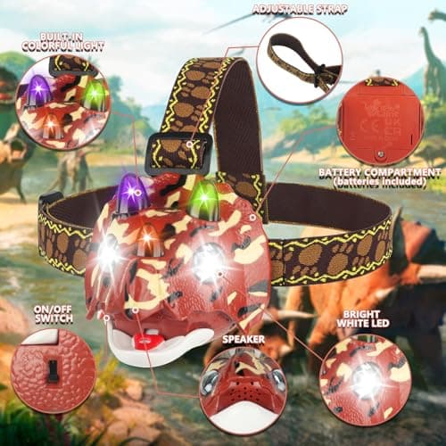 Triceratops LED Headlamp Dinosaur Headlamp for Kids Camping Gear Essentials Dinosaur Toy Headlights Flashlight for Boys Girls or Adults Ideal Gift for Birthday, Halloween, Christmas, New Year - Thumbnail 4