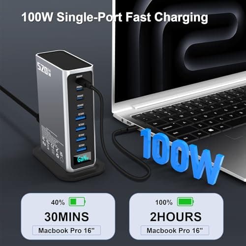 520W USB C Fast Charger Block, PD 3.1 100W 8 Port USB Charging Station, GaN Ⅲ Fast Charging Station for Multiple Devices, Laptop Wall Charger Compatible with iPhone 17/iPad/MacBook etc - Thumbnail 6