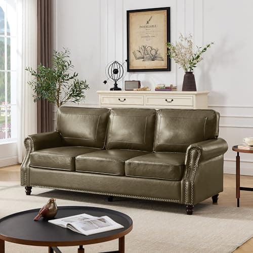 Kingfun Mid-Century Modern Couch, Faux Leather Sofa, 3 Seater Couch for Living Room with Rolled arms & Nailhead Trim, Olive Green