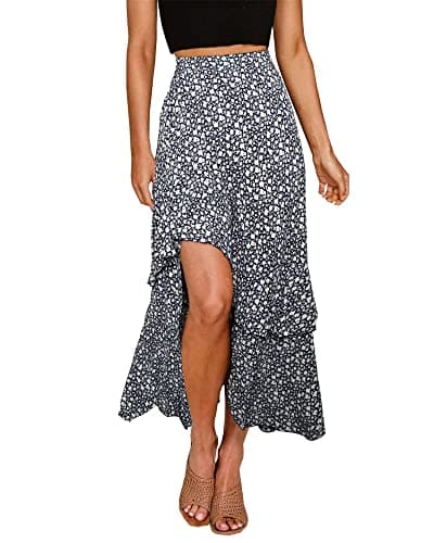 BTFBM Women 2026 Spring Summer Long Skirts Dress Boho Floral Elastic Waist Split Ruffle High Low Beach Maxi Skirt Clothes(Z-Navy, Medium) - Image 1