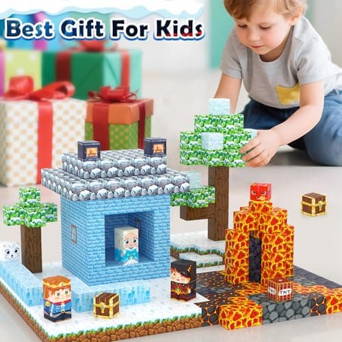 Magnetic Blocks - Build Mine Magnet World Ice Lava Set, Vibrant Colorful Building Blocks with Ultra Magnet Strength for Kids Ages 3-8, STEM Toys Creative Gifts for 3+ Year Old Boys Girls (100PCS/0.8") - Thumbnail 6