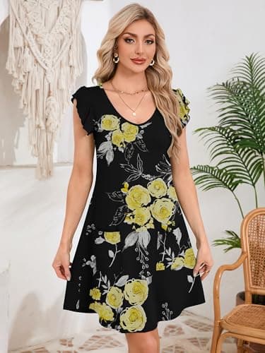 DEARCASE Womens Summer T-Shirt Dresses V Neck Elegant Classy Ruffle Sleeve A-line Tunic Dress 2026 with Pockets Floral Black Yellow Flower Branch Medium - Thumbnail 6