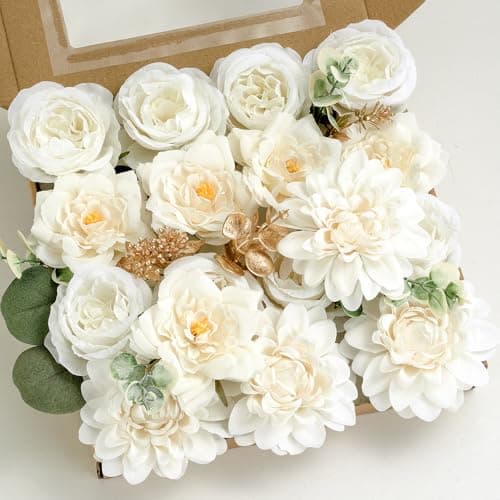 BSMYBO Artificial Flowers Fake Rose Combo Box Set Ivory White Silk Flowers Camellia White Dahlia Leaf with Stems for DIY Wedding Bouquets Table Centerpieces Baby Shower Party Home Bridal Decorations - Image 1