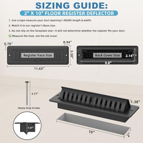 2x10 Floor Register with Vent Deflector, 2 in 1 Adjustable Floor Vent Covers, Floor Vent Deflector Includes Mounting Screws for Floor & Wall for Easy Install, Toe Kick Vent Cover, Black, 2 Pack - Thumbnail 4