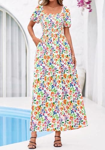 BTFBM Womens Spring Summer Dresses 2026 Square Neck Puff Short Sleeve Smocked Floral Boho Beach Wedding Guest Maxi Dress(Floral Light Green Multi, Large) - Thumbnail 4