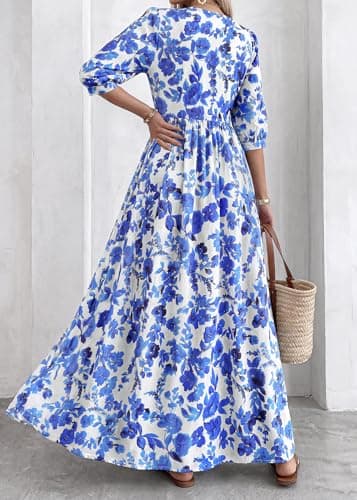 KIRUNDO Women Summer Beach Vacation Wedding Guest Dresses 2026 Spring Boho Floral 3/4 Sleeve Loose Cruise Flowy Maxi Dress(Blue, Small) - Thumbnail 6