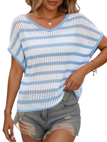 Yousify Womens Summer Crochet Tops Cap Sleeve Knit Pullover Sweater Vest V Neck Cover Ups Beach Vacation Clothes Light Blue - Image 1