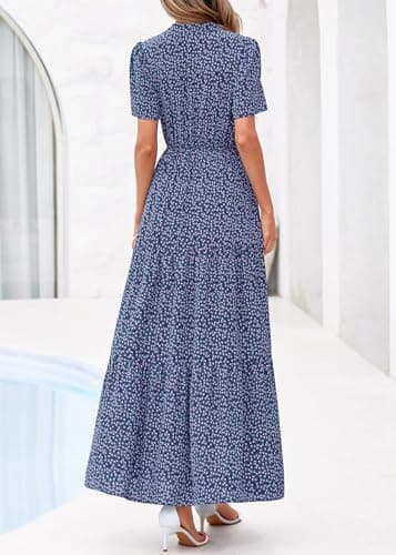 KIRUNDO Womens Summer Floral Maxi Dress Short Sleeve V Neck Boho Long Flowy Casual A Line Dresses 2026 Beach Vacation Outfits(Navy Floral, XX-Large) - Thumbnail 3