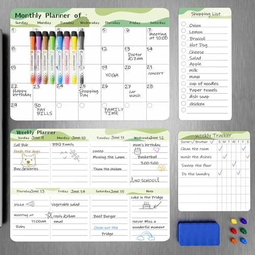 MARSROCK Refrigerator Calendar Magnetic, 16.3x11.7” (4-Pack) – Weekly & Monthly Planner, Chore Chart, Grocery/to-Do List for Fridge, Includes 8 Markers, 6 Magnets & 1 Eraser for Kitchen, Green
