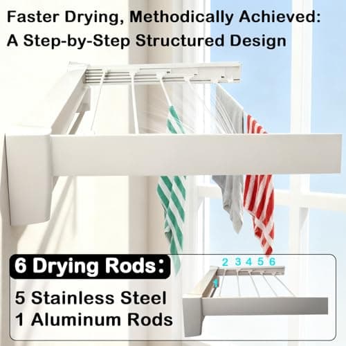 UBVIF Wall Mounted Clothes Drying Rack 27 inches,Foldbale Laundry Drying Rack 6 Rods,Hidden Drying Rack Clothing,Retractable,Collapsible,Screws Needed Folding Laundry Rack (White, Medium) - Thumbnail 3