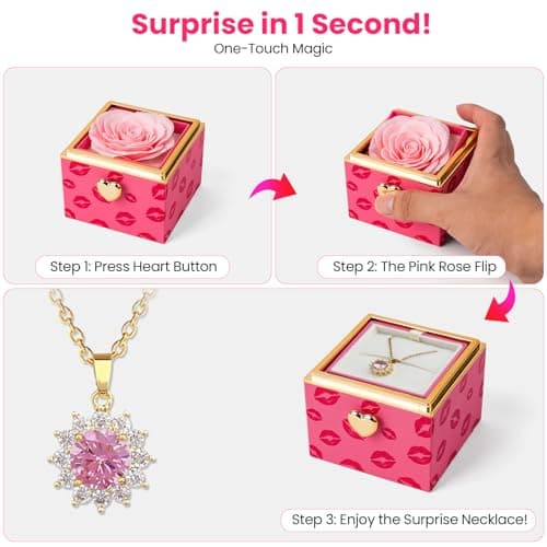 mountova Valentines Day Gifts for Her Birthday, Funny Flip Rose Box with Sunflower Necklace Jewelry, Anniversary Wedding Gift for Girlfriend Wife, Lips Print Flower Gift Box for Mom Daughter - Thumbnail 2