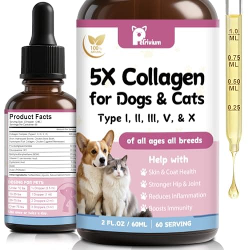 Petrivium Liquid Collagen for Dogs and Cats, 5 Types of Grass-Fed Collagеn (I, II, III, V & X) for Skin & Coat, Itch Relief, Hips & Joints with MSM, Biotin and Hyaluronic Acid, 2 Oz