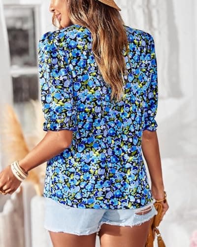 BTFBM Womens Summer Tops Boho Floral Blouses Frill Trim Mock Neck Puff Short Sleeve Shirts Dressy Casual Fall Top 2025(Floral Bright Blue, X-Large) - Thumbnail 4