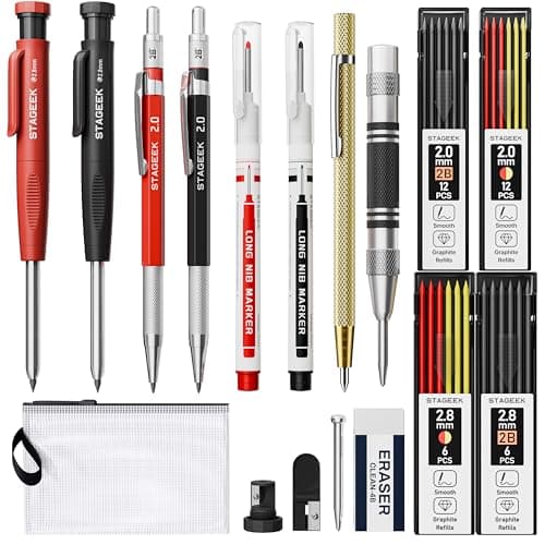 17 Pack Mechanical Carpenter Pencil Set with Sharpener 40 Refills, Automatic Center Punch, Carbide Scribe Tool, Eraser and Deep Hole Marker Pen, Heavy Duty Construction Pencil for Architect with Pouch - Image 1