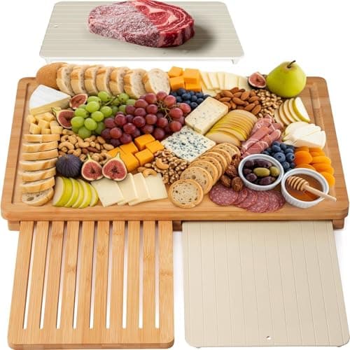 Kikcoin Bamboo Cutting Board Set with Defrosting Tray, Wood Cutting Boards for Kitchen with Deep Juice Grooves & Built-in Organizer Meal Prep Charcuterie& Chopping Board for Meat, Vegetables and Bread - Image 1