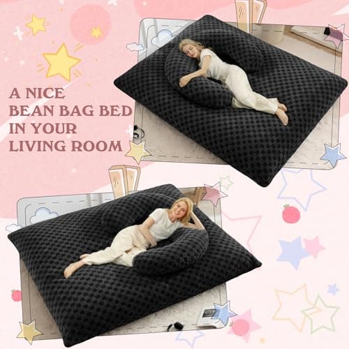 HABUTWAY 3 in 1 Bean Bag Chair with Portable U-Shaped Pillow, Giant Bean Bag with Washable Cover, Convertible Sofa Bed (Black) - Thumbnail 4