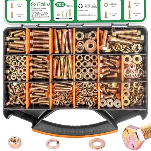 Foliv 702 PCS Grade 8 Nuts and Bolts Assortment Kit, SAE Bolts Assortment Kit with Hex Head Cap Bolts, Flat & Lock Washers, Fine & Coarse Thread, Yellow Zinc Plated for Corrosion Resistance - Image 1