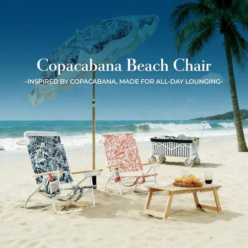 DEER LAND 5-Position Low Beach Chair, Portable Lightweight Folding Beach Chair with Wooden Armrests, Storage Pouch & Carry Strap, Coastal Beach Print – Reef Indigo - Thumbnail 2