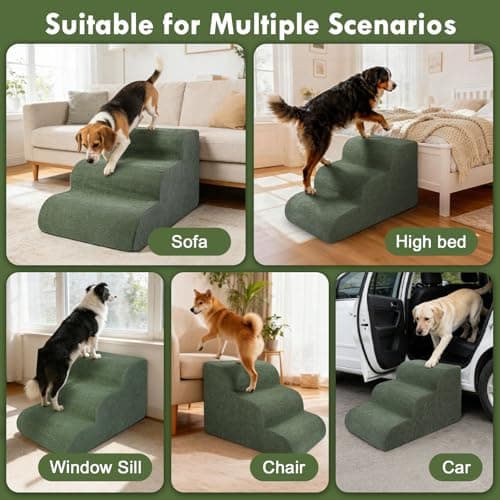 Olaivy Large Dogs Stairs for Bed, Extra Wide Pet Step for Couch or Chair, 100lbs Load Capacity, 3-Step Stable & Sturdy Cat & Dog Ramp for Puppy Small Medium Senior Dog Essentials, Washable Cover,Green - Thumbnail 2