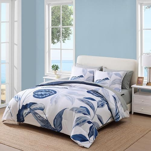 WRENSONGE Queen Comforter Set- 7 Pieces Blue Tropical Leaves Soft Bedding Sets, Coastal Bed in a Bag, Botanical Printed Comforter with Sheets for All Season - Thumbnail 2