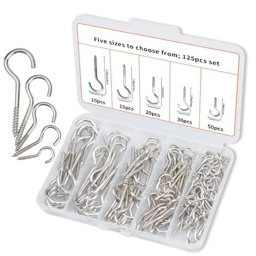 BJUTYEU 125 Pieces of Screw Cup Hook Set 5 Sizes Ceiling Small Hooks Wardrobe Decoration Hanging Accessories for Hanging Outdoor or Indoor use (0.98" 1.41" 1.57" 1.96" 2.36") (Silver) - Image 1