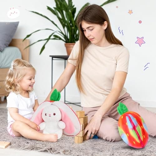 MIAODAM Rainbow Strawberry Bunny Stuffed Animal, Rainbow and Strawberry Bunny Plush Turn Into Rabbit Fruit Doll, Plushie Cute Bunny Toy for Baby (7 inch) - Thumbnail 5