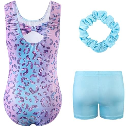 HOZIY Kids Leotards Gymnastics Biketards Unitards with Shorts Hairband Sparkly 3 Piece Sleeveless Activewear Tumbling Dance Outfits Leopard Purple Size 8-9 - Thumbnail 2