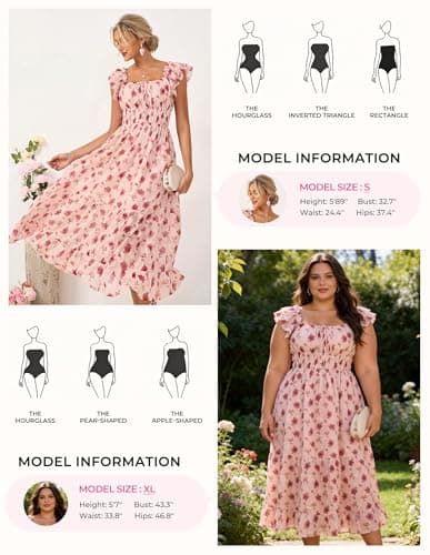 GRACE KARIN 2026 Women's Spring Floral Midi Dress Beach Wedding Guest Dresses Flowy A Line Casual Summer Clothes Pink Rose 2XL - Thumbnail 6