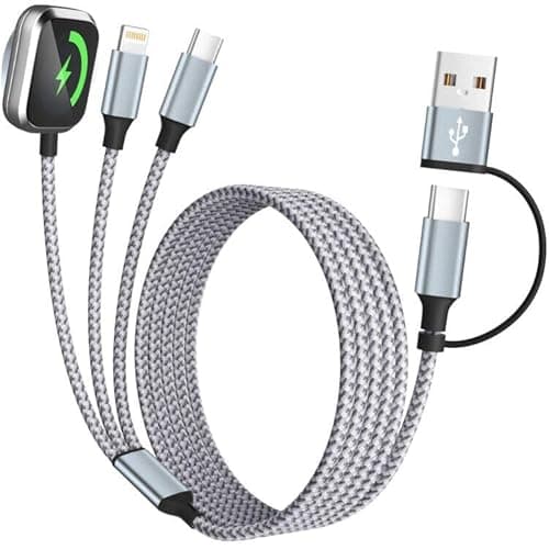Travel Essentials 3 in 2 Charging Cable for Phone Watch Charger, USB A/USB C Multi Charging Cable/Cord for All Devices Compatible for iWatch Ultra/SE/11-2, iPhone17 15 14, Android, More - 5FT - Image 1