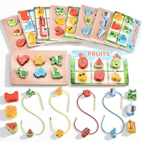 Montessori Wooden Toys for Toddlers 2 3 4: 3-in-1 Theme Sorting, Shape Matching & Color Learning Set - Dinosaur Ocean Vehicle Fruit Chunky Boards - Fine Motor Skills Speech Therapy Gifts - Image 1