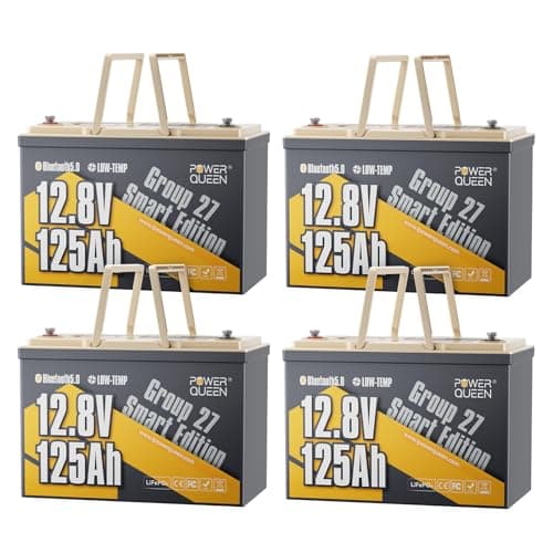 Power Queen 12V 125Ah LiFePO4 Battery, Group 27 Bluetooth Lithium Battery with Low-Temp Protection, 1600Wh Energy Max. 15000 Cycles for RV, Solar System, Trolling Motor