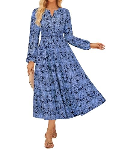 GRACE KARIN Long Sleeve Dress for Women 2026 Spring Wedding Guest Dress Floral Boho A Line Flowy Maxi Dresses with Pockets Navy Blue 2XL - Image 1