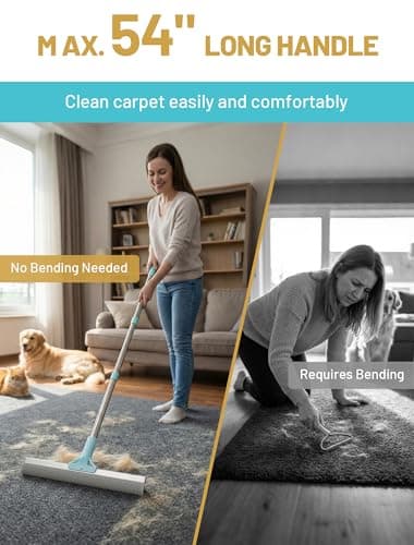 Carpet Rake for Pet Hair Removal: DELOMO Carpet Scraper Broom with 54” Adjustable Long Handle, Dual-Sided, Metal + Short Silicone for Carpets & Rugs, Extended Silicone for Shag Rugs & Hard Floors - Thumbnail 4