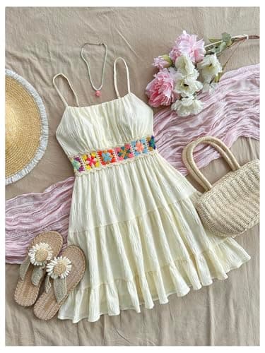 MakeMeChic Women's Floral Boho Mini Dress Spaghetti Strap Shirred Flowy A Line Cami Dresses Apricot X-Large - Thumbnail 2