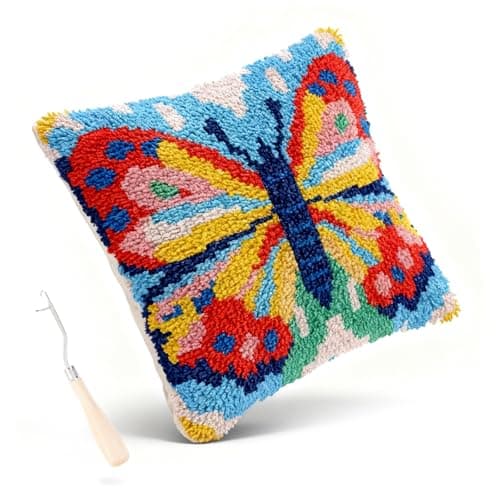 Miaceito Pre-Printed Butterfly Latch Hook Kit for Adults Beginners, DIY Latch Hook Pillow kit Includes Wooden Hook to Make 17x17 Inch Home furnishings Sofa Decoration Handmade Gift - Image 1