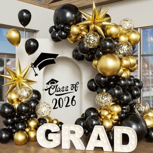 Black Gold Balloon Arch Kit Graduation Decorations 2026, 130Pcs Black and Gold Balloons and Foil Star Balloon with Confetti Ribbons Grad Party Decorations for College High School Class of 2026 - Image 1