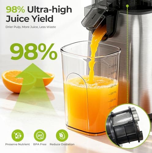 Havato Cold Press Juicer, 5.4" Extra Wide Feed Chute Juicer Machines for Whole Vegetables & Fruits, 98% High Juice Yield, Easy Clean & Install, Compact Slow Masticating Juicer with 300W, Grey - Thumbnail 3