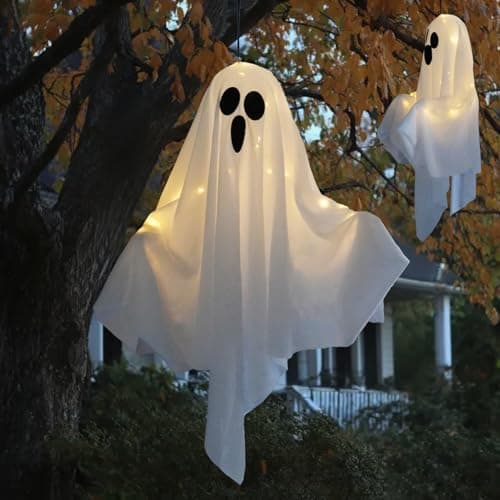 Halloween Hanging Ghost Lights Decorations, Warm White LED, Swinging Ghost Home Decor, 3 Modes Adjustable, Party Garden Yard Scary Cute Spooky Gifts (White 2Pack) - Image 1