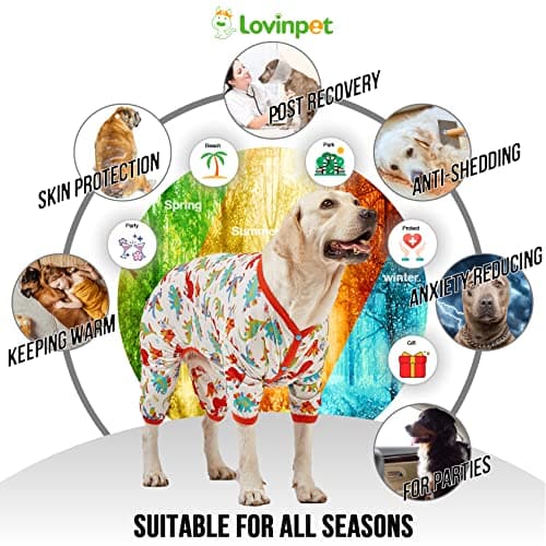 LovinPet Large Dog Pajamas, Undershirt for Dog Coats, Anti Licking, Pitbull Clothes, Pet Anxiety Calming Onesies for Dogs, White Dinos Print, Pet Pajamas for Dogs, Pitbull Shirt, L - Thumbnail 5