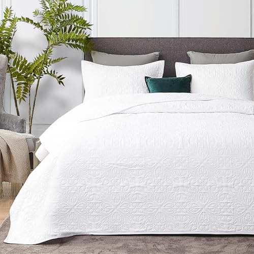 Hansleep White Quilt King Size - Baroque Ultrasonic All Season Bedspread King, Soft Lightweight Coverlet Bedding Set, 3 Pieces (1 Quilt, 2 Pillow Shams) - Image 1