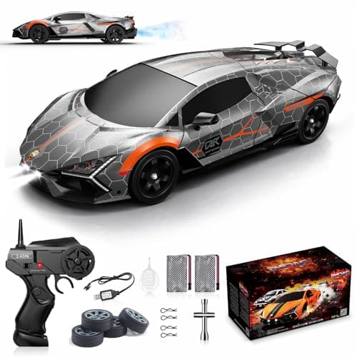 Remote Control Car RC Drift Car 1:16 Scale 4WD 18KM/H High Speed Model Vehicle 2.4GHz with LED Lights Spray Rubber Tire Racing Sport Toy for Adults Boys Girls Kids Gift 2Pcs Rechargeable Batteries