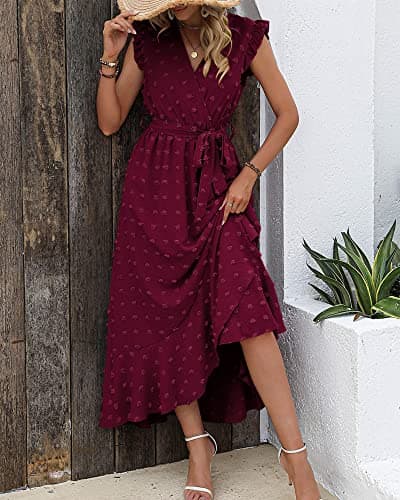 BTFBM Boho Dresses for Women 2026 Summer Fashion Cap Sleeve Swiss Dot Flowy Ruffle Beach Wedding Cocktail Maxi Dress(Wine Red, Large) - Thumbnail 2