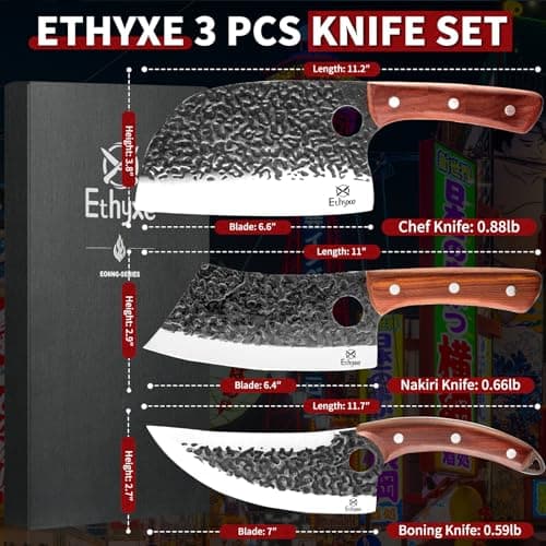 Ethyxe Butcher Knife Set – 3PCS Hand Forged Kitchen Knife Set with Serbian Chef Knife, Viking Boning Knife & Meat Cleaver, High Carbon Steel for Meat Cutting, Outdoor BBQ, Camping, Gift for Men - Thumbnail 2