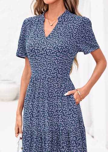 KIRUNDO Womens Summer Floral Maxi Dress Short Sleeve V Neck Boho Long Flowy Casual A Line Dresses 2026 Beach Vacation Outfits(Navy Floral, XX-Large) - Thumbnail 6