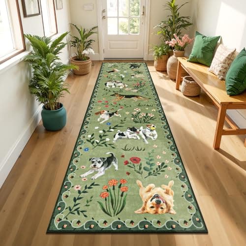 LOKHOM Hallway Runner Rug 2x8 Washable Animal Dog Print Linen Kitchen Rug with Rubber Backing, Non Slip Low Pile Soft Boho Floral Carpet for Entrance Laundry Bedroom, Green