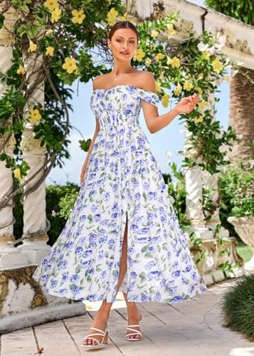 GRACE KARIN Summer Floral Dress for Women 2026,Off the Shoulder Smocked Bridesmaid Dresses,Formal Baby Shower Maxi Dresses White Blue Hydrangea XL - Thumbnail 2
