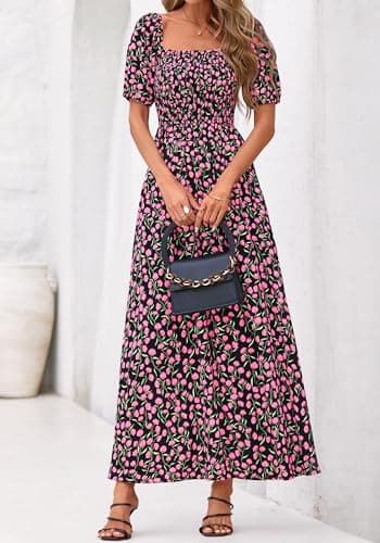 BTFBM Spring Summer Dresses for Women 2026 Puff Short Sleeve Smocked Floral Print Boho Beach Wedding Guest Maxi Dress(Floral Black Pink, X-Large) - Thumbnail 6