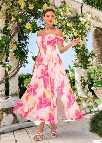 GRACE KARIN Summer Floral Dress for Women 2026,Off the Shoulder Smocked Bridesmaid Dresses,Formal Baby Shower Maxi Dresses White Rose Red XXL - Thumbnail 3