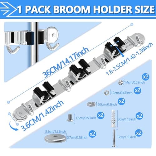 3-H Magnetic Broom Holder Wall Mount 1 Pack, 2-in-1 Dual Mount (No Drill or Screw Fix), 304 Stainless Steel Heavy Duty Magnet Mop Broom Organizer for Kitchen Garden Garage(3 Racks & 4 Hooks,Silver) - Thumbnail 4